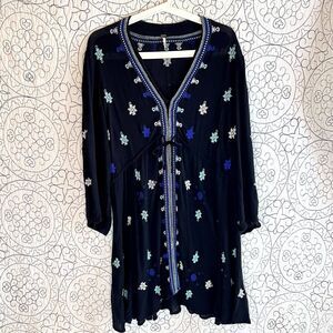 Free People Black Tunic with Blue and White Embroidery
